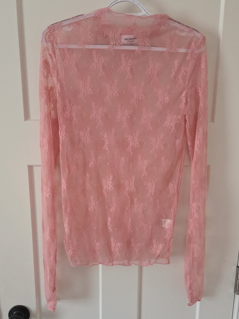 Pink Lace Long-Sleeve Sheer Top